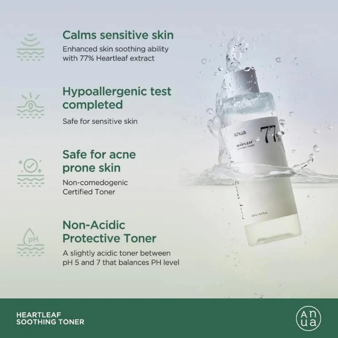 Anua Heartleaf 77% Soothing Toner 250ml bottle for sensitive skin care