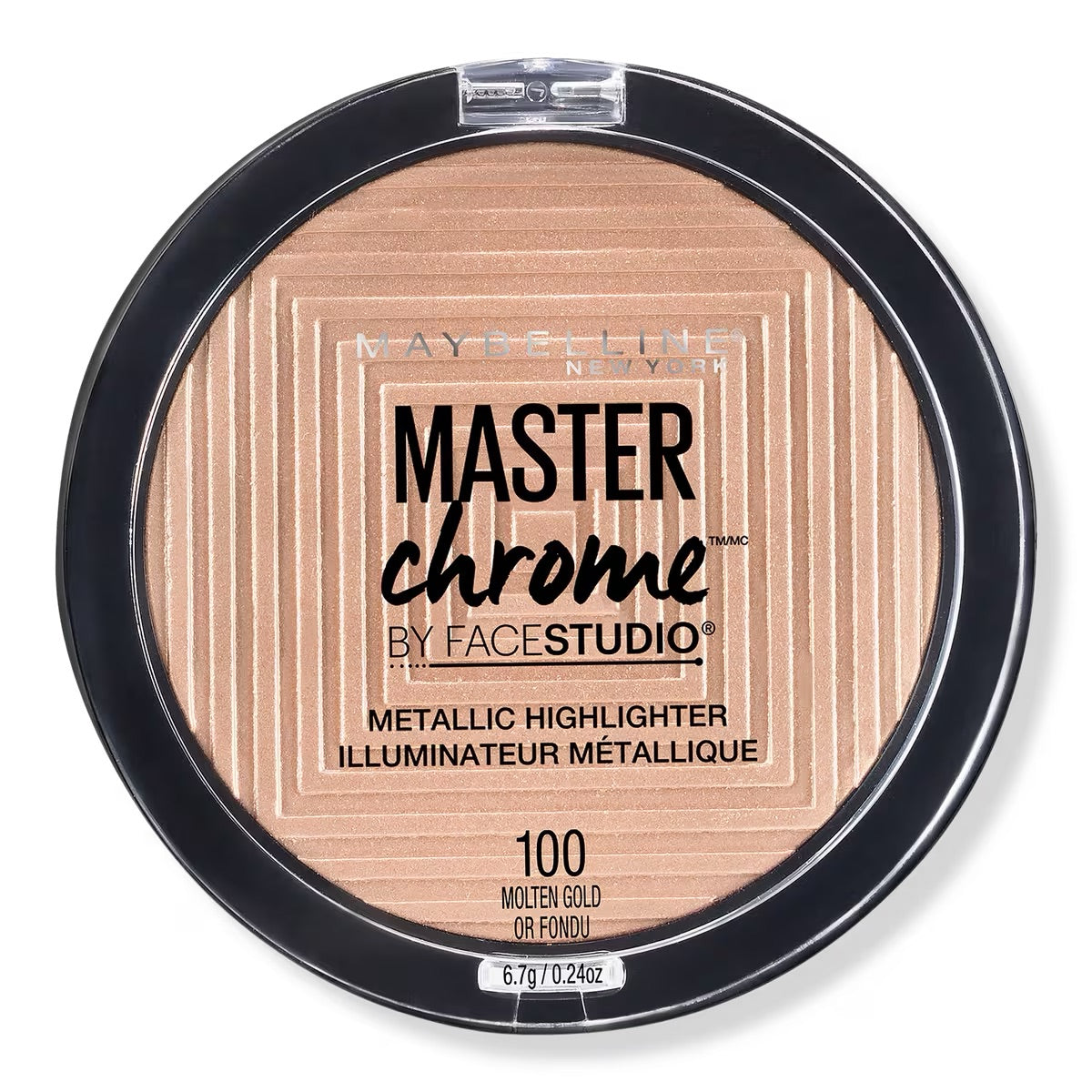 Maybelline FaceStudio Master Chrome Metallic Highlighter, with a reflective metallic finish, in a round compact case with black and gold colors.