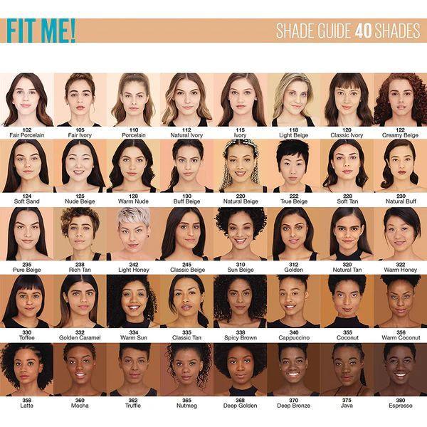 Maybelline Fit Me Matte + Poreless Foundation arranged in multiple shades, light to deep skin tones, liquid matte formula